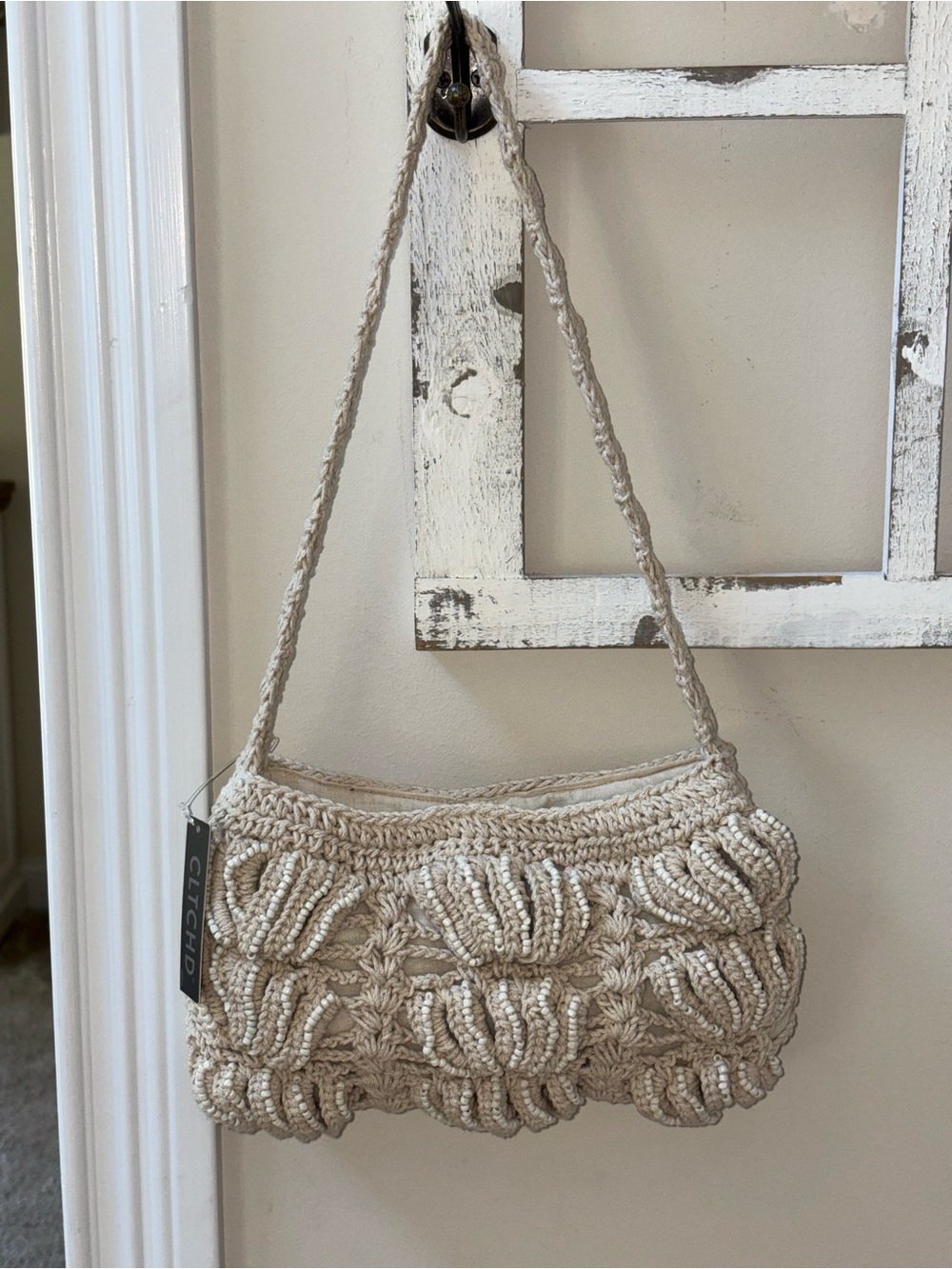 Jessica McClintock Cream Crochet Shoulder Bag with Braided Strap